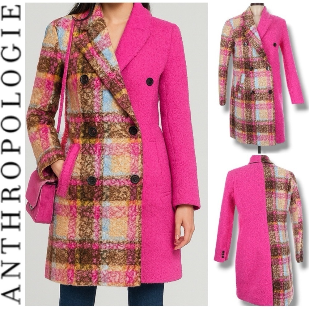 NVLT Anthropologie |NWT $248 Women’s Pink Plaid Colorblock Bouclé Coat (Sz M)